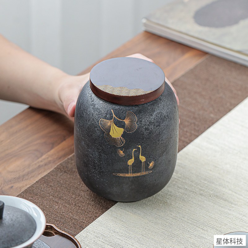苏氏陶瓷 大号陶瓷茶叶罐 1000毫升 铁锈釉密封罐 木盖储茶罐 茶仓 储物罐 茶叶收纳罐 家用办公茶具配件图片3
