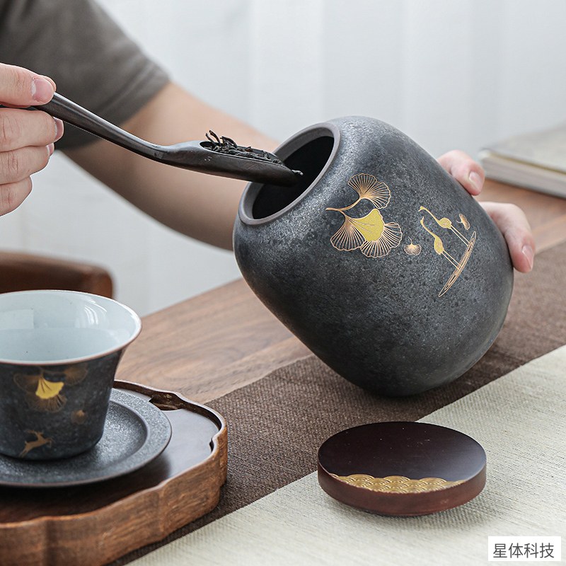 苏氏陶瓷 大号陶瓷茶叶罐 1000毫升 铁锈釉密封罐 木盖储茶罐 茶仓 储物罐 茶叶收纳罐 家用办公茶具配件图片4