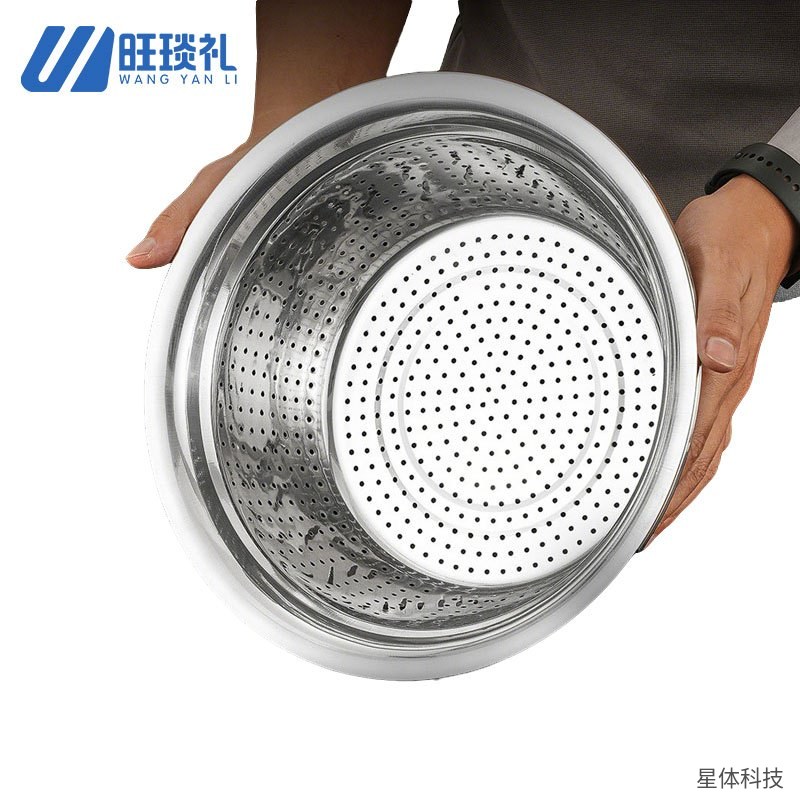 加厚不锈钢圆形漏盆 40厘米 洗米盆 洗菜盆 厨房沥水篮 密孔滤水盆 淘米盆 后厨备菜沥水盆 银色图片2