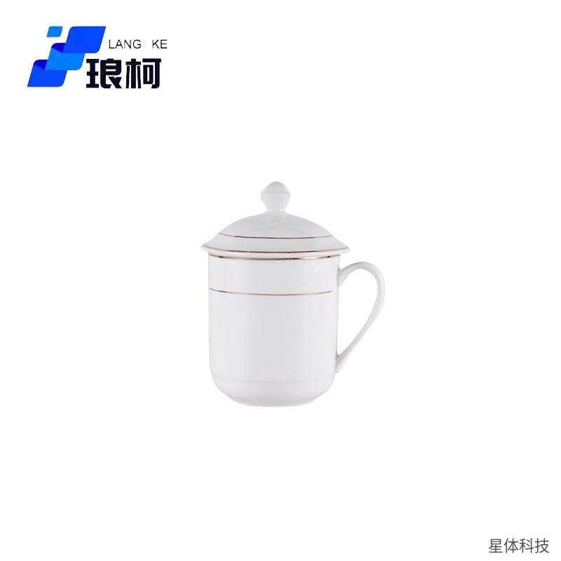 白色金边会议杯 陶瓷茶杯 350毫升 带盖带手柄 办公室茶水杯 酒店接待杯 釉下彩 白瓷杯图片4