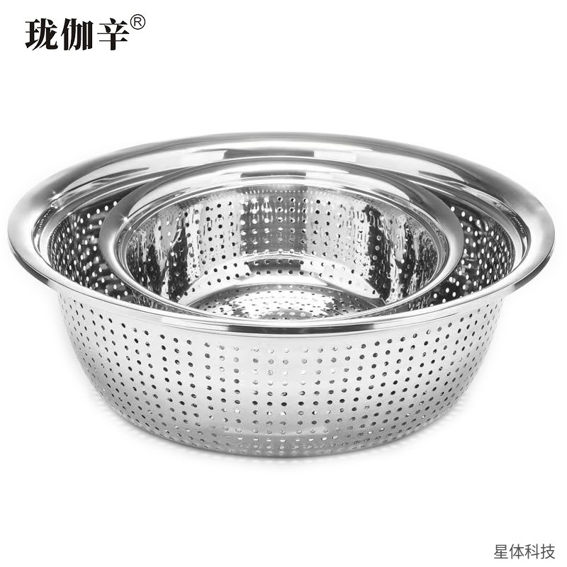 加厚不锈钢漏盆 30厘米 洗菜盆 沥水篮 淘米盆 洗水果 厨房沥水 食堂后厨 圆形密孔 银色图片3
