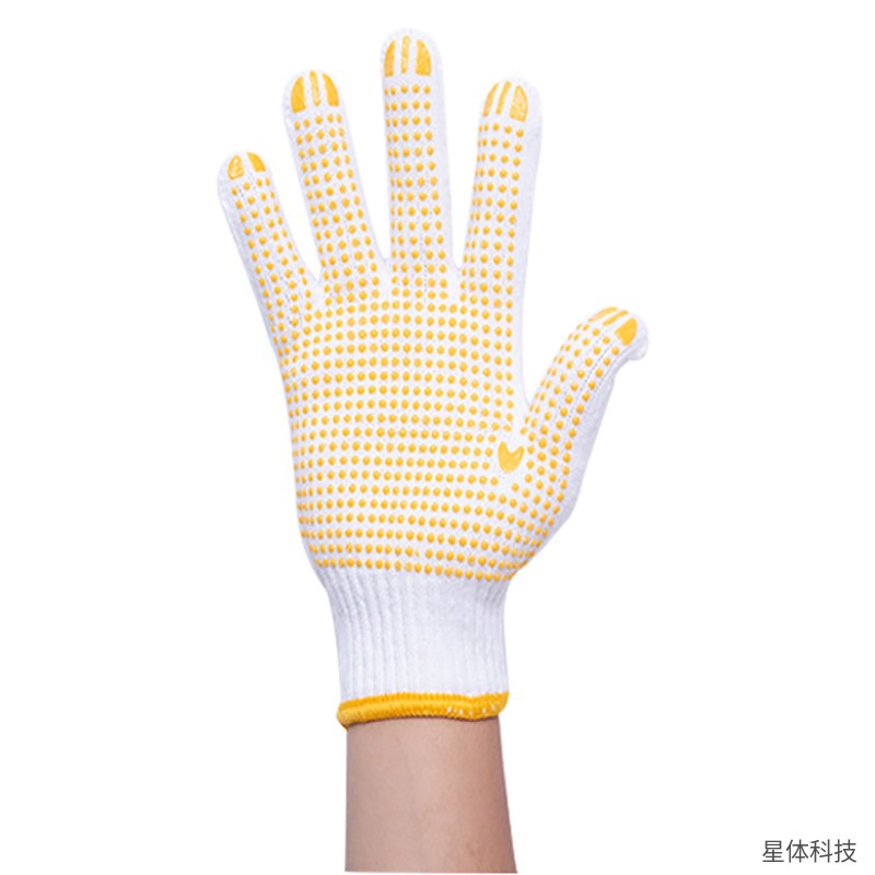 点胶棉纱手套 防滑点珠 劳保手套 分指款 搬运装卸作业手套 线手套 工作防护手套 白色黄点 通用图片4