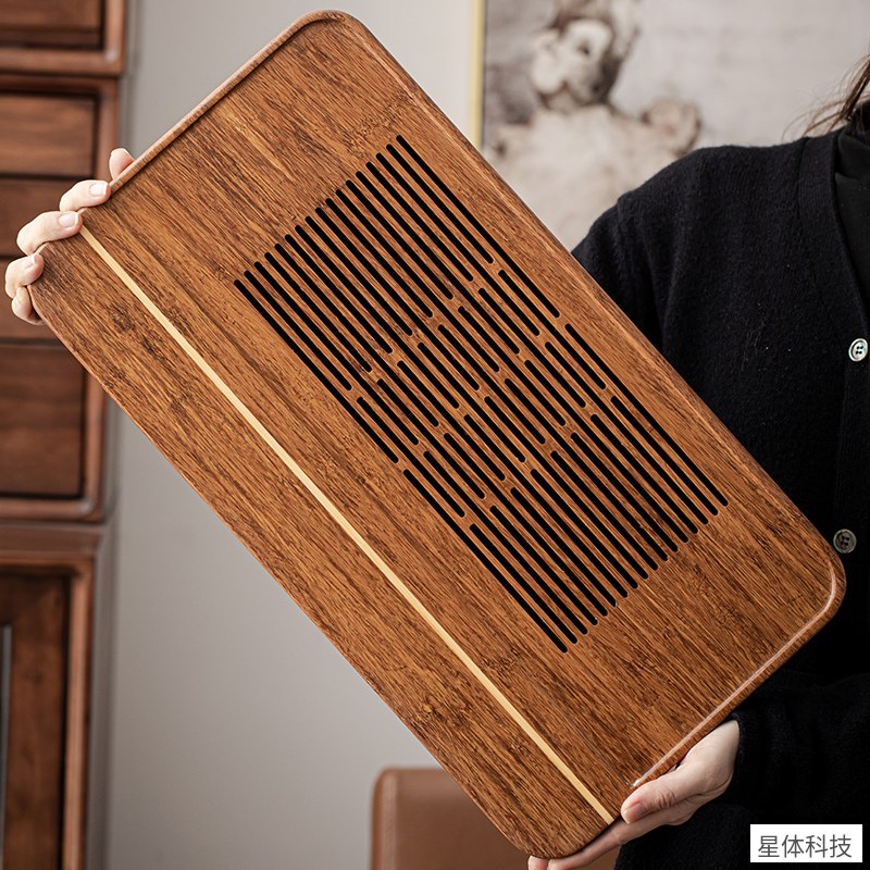 苏氏陶瓷 重竹茶盘 50×24厘米 可排水储水 功夫茶具托盘 茶台 泡茶托盘 办公室会客茶桌用品 棕色图片2