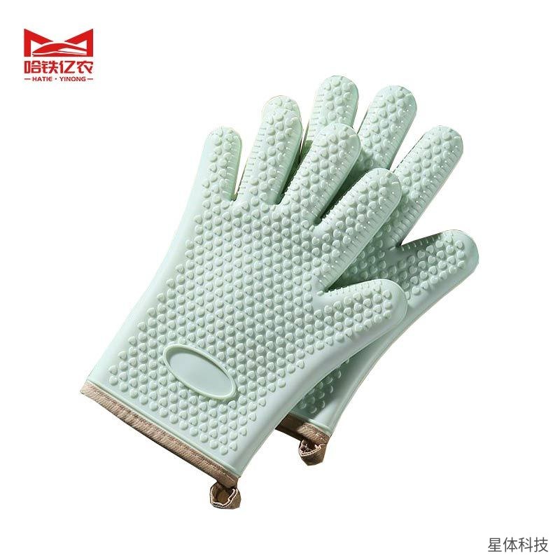 烤箱微波炉隔热手套 胶棉 均码 防烫 烘焙 厨房 五指 耐高温 挂绳 单只 浅绿色图片2