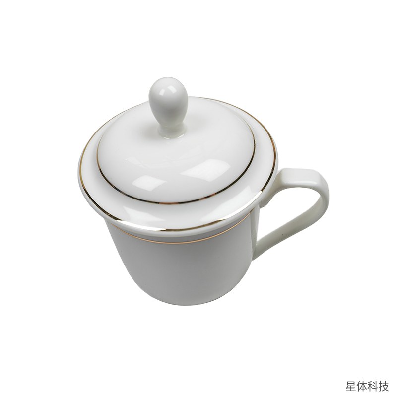 陶瓷会议杯 400毫升 带盖茶水杯 金边白瓷杯 办公室泡茶杯 酒店会议接待 光面 白色图片2