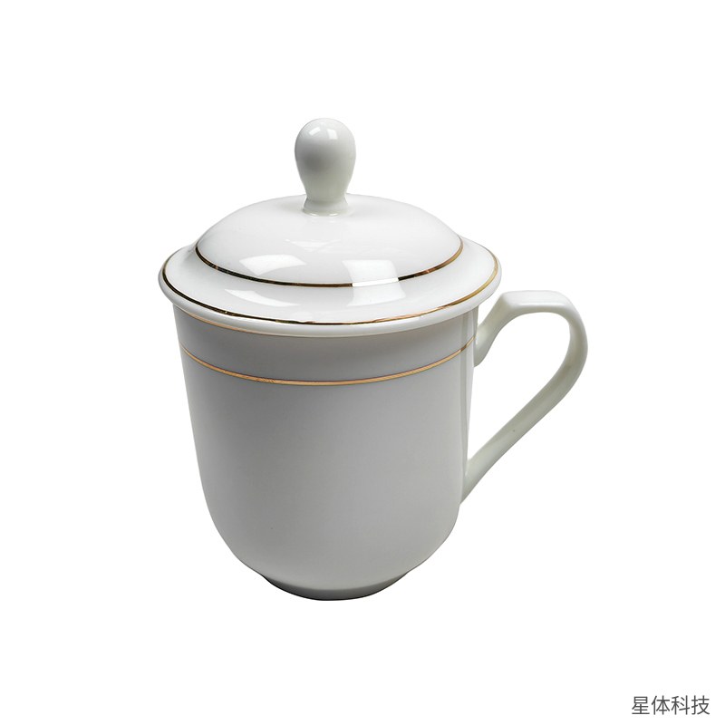 陶瓷会议杯 400毫升 带盖茶水杯 金边白瓷杯 办公室泡茶杯 酒店会议接待 光面 白色图片4