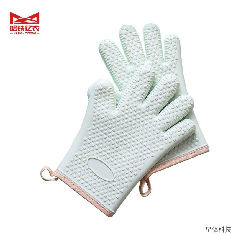 烤箱微波炉隔热手套 胶棉 均码 防烫 烘焙 厨房 五指 耐高温 挂绳 单只 浅绿色图片4
