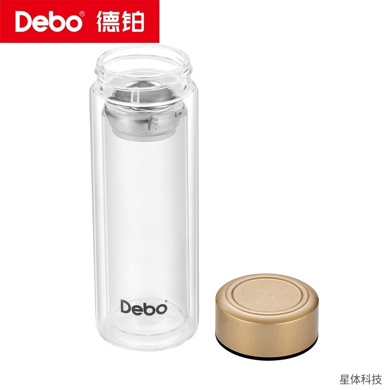 德铂 双层高硼硅玻璃杯 320毫升 带杯盖 带茶隔 耐高温泡茶杯 便携水杯 办公室茶水分离杯 透明图片2
