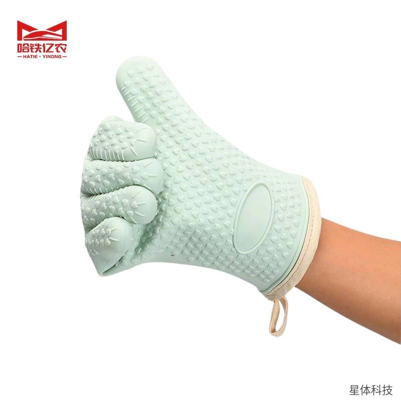 烤箱微波炉隔热手套 胶棉 均码 防烫 烘焙 厨房 五指 耐高温 挂绳 单只 浅绿色图片3