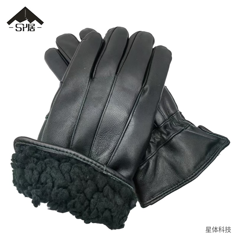 羊皮防寒手套 分指款 冬季保暖 皮手套 户外值勤 骑行防风 通用款 男女 冬季出行 黑色图片2